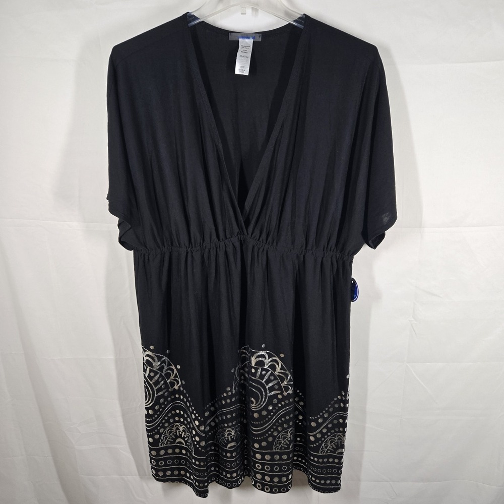 Swimsuits For All Black Swim Cover-Up Dress‎ Size 22/24 Deep V-Neck Boho Print